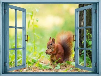 Wall26 - Wall Sticker / Wall Mural - Red Squirrel Eat pinecone with Open Window - Image 1 of 4