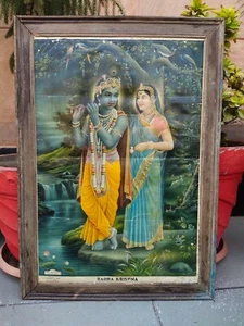 Hindu Gott Krishna mit Radha alt selten Vintage Lithographie Druck Rahmen 23 x 16" - Bild 1 von 7