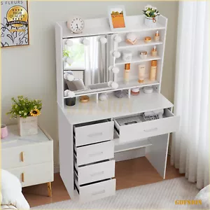 Dressing Table With Makeup Mirror &LED Light 5 Drawers Shelf Vanity Desk Dresser - Picture 1 of 9