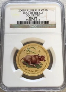 2009 P GOLD AUSTRALIA 365 MINTED $50 LUNAR YEAR OX 1/2oz COLORIZED NGC MS 69 - Picture 1 of 3