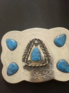 Faux Turquoise And Silver Tone Southwest 80s Vintage Belt Buckle - Picture 1 of 13