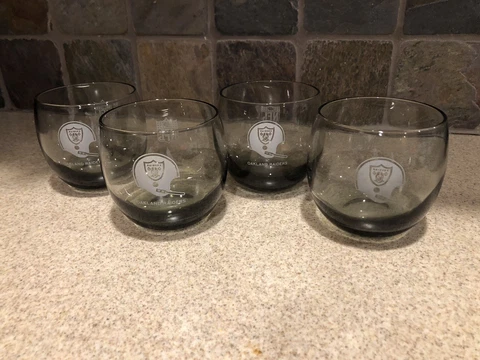 Vintage 1970s Oakland Raiders Smoke Glass Whiskey Low Ball Tumbler Set of 4 Cover