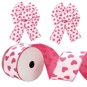 Valentine's Day Wired Edge Ribbon Pink Heart Fabric Ribbon Double-Sided Craft... - Picture 1 of 7