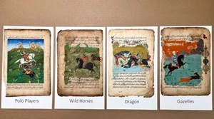 ANTIQUE ISLAMIC ART: FOUR VERY OLD HORSE PAINTINGS ON TWO-SIDED MANUSCRIPTS. - Picture 1 of 16