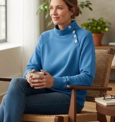 NUEVO CON ETIQUETAS J Crew Mujer Talla XL Cuello Ancho Botón Azul Cielo Túnica Pullover Sudadera Foto 1 de 4