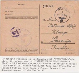 WW2 Card Croatia Member Waffen SS Panzer Grenadier Div Poltawa (Ukraine) 1943 - Picture 1 of 4