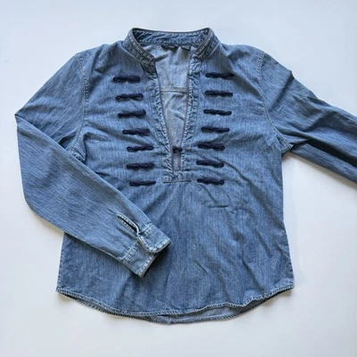 Vtg AMERICAN EAGLE Military-Inspired Split V-Neck Long Sleeve Denim Top Large - Image 1 of 4
