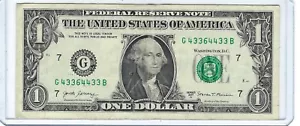 Banconota banconota da 1 dollaro numero di serie fantasia 2017 TRINARY 4 di un tipo 3s G43364433B - Foto 1 di 3