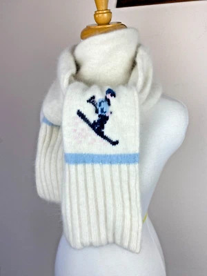 White Angora Wool Double Thick Neck Scarf Soft Knit Blue Skier Figurine 70" - Image 1 of 4