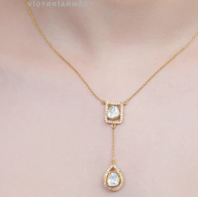 Polki Pave Diamond Pendant 925 Sterling Silver Gold Plated Jewelry - Image 1 of 3