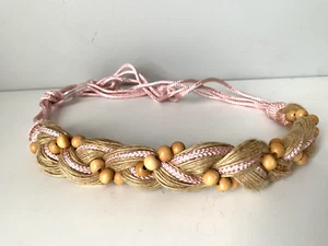 Vintage Statement Braided Beaded Belt Womens Tan Pink Tie Waist 80s 90s Boho - Picture 1 of 14
