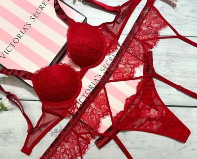 Victoria’s Secret Shine Strap Cherry Lace Push Up Bra Thong Garter Set Red - Изображение 1 из 4