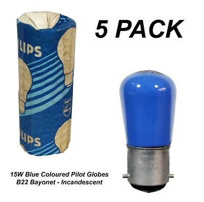 5 x 15W Blue Coloured Pilot Light Globes Bulbs Lamps B22 Bayonet BC Incandescent - Image 1 of 4
