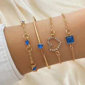 Damen Armband Armreif Gold Blau 4-teilig Herz Zircon Schmuck Liebe Frauen Love - Bild 1 von 1