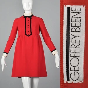 1960s Geoffrey Beene Red Wool Mini Dress Tuxedo Short Baby Doll Long Sleeve VTG - Picture 1 of 12