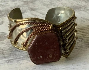 Vintage Handcrafted Stone Mixed Metals Modernist Artisan Handmade Cuff Bracelet - Picture 1 of 12