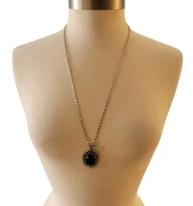 Vintage Faux Onyx Silvertone Pendant W Chain 28" - Picture 1 of 7