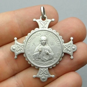 French, Antique Religious Large Pendant. Jesus Christ. Sacred Heart. Medal Cross - Picture 1 of 5