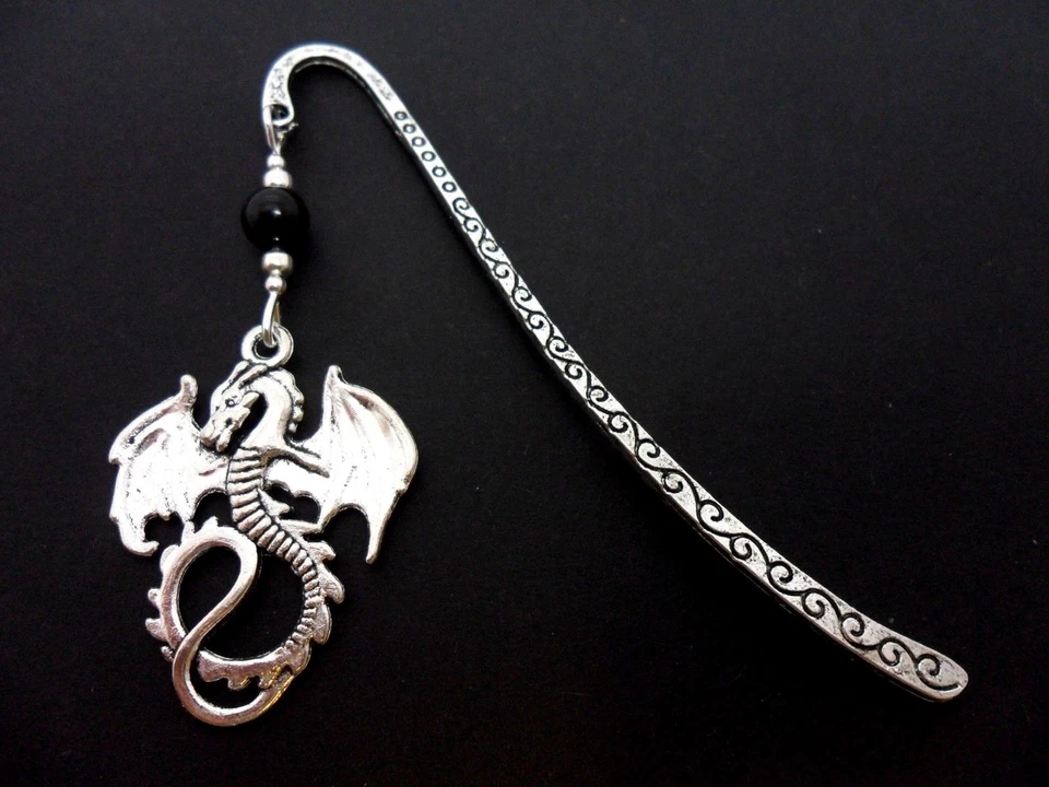 ROSIES JEWELLERY A TIBETAN SILVER DRAGON & BLACK BEAD CHARM BOOKMARK. NEW.