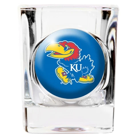 Shot Glass, Crystal Coat Kansas KU Jayhawks Emblem, Square, 2 oz ounces, NEW Cover