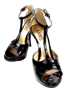 TALLA 5.5 Mujer T-correa Punta Abierta Bomba Negro Stiletto Patente Rizado CARLOS SANTANA - Imagen 1 de 13
