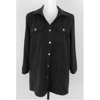 全新带标签 JM Collection 麂皮衬衫上衣按扣 3/4 袖黑色 M 码 — 第 1/4 张图片