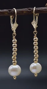  14K Solid Gold Natural Cultured White Pearl Gold Beads LeverBack Earrings - Picture 1 of 6