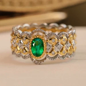 14K 2-Tone Gold Luxury Hollow Royal Court Emerald Natural Diamond Lady Ring Gift - Picture 1 of 7