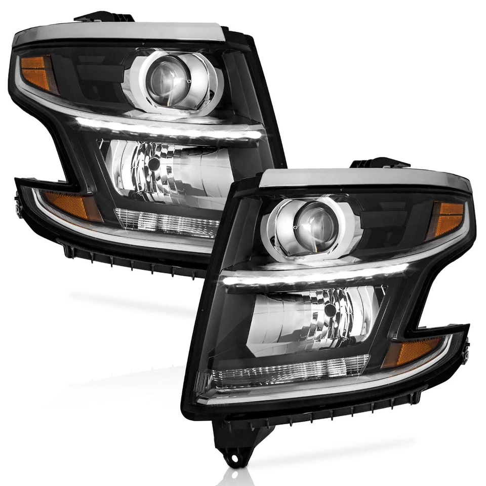 WEELMOTO Black Headlights For 2015-2020 Chevy Tahoe Suburban  Chrome Lamps LH+RH - Image 1 of 4