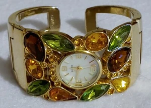 Vintage Chunky Goldtone Faux Stones Bangle Bracelet Women’s Watch - New Battery - Bild 1 von 9