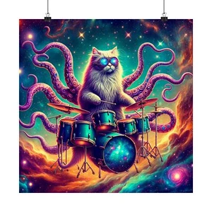 Matte Square Poster Wall Art Crazy Cosmic Cat Tentacles Playing Drums Sci Fi Pet - Picture 1 of 50