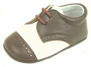 DE OSU -Spain -Baby Boys Brown Ivory Leather Dress Crib Shoes - European 16 Sz 1 - Picture 1 of 5