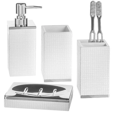 Estella White Bathroom Accessories Set - 4 Piece Bathroom Set with Silver Bas... - Image 1 of 4