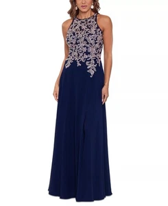 Betsy & Adam Womens Embellished Bodice Chiffon Gown Dress Navy Rose Size 6 NWT - Picture 1 of 6