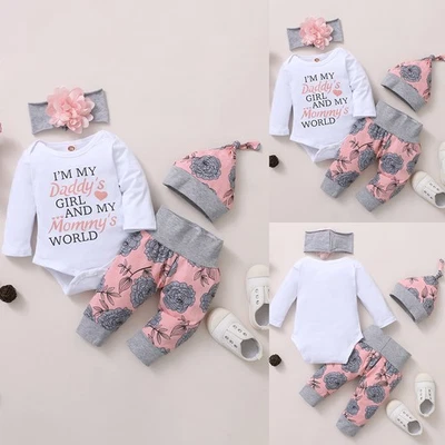 4PCS Newborn Baby Girl Floral Romper Tops Pants Hat Headband Outfit Clothes Set - Image 1 of 4