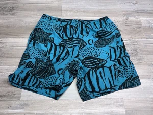 Vintage Y2K Mens Swim Trunks Neon Blue Fish All Over Print Dash Mesh Lined Sz M - Picture 1 of 8