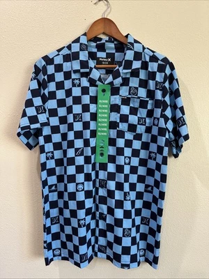 Hurley Shirt Boys XL 18/20 Blue Black Checkerboard Cotton Camp Collar Button Up - Image 1 of 4