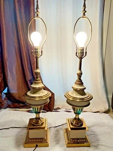 Vtg PaIr Mid Century Tall Stiffel Brass & Enamel Urn Table Lamps Hollywood - Picture 1 of 10