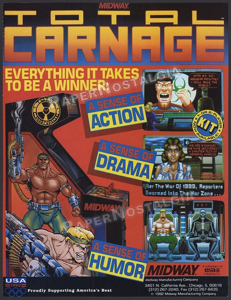 TOTAL CARNAGE - Original 1992 Trade AD / ADVERT _  Midway arcade game promo - Image 1 of 1