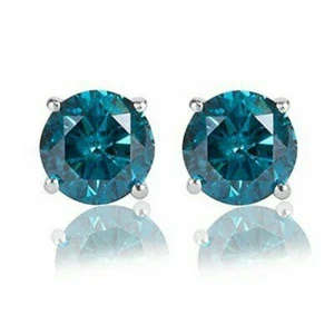 3.00 CT Round Cut Lab Created Blue Diamond 14K White Gold Finish Stud Earrings - Picture 1 of 3