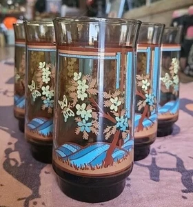 6 Vtg MCM 70s Yvette Signed Smoke Butterfly Flower Glass Tumbler Set Lot - Picture 1 of 5