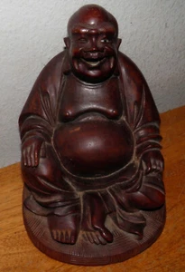 ANTIQUE ORIGINAL CARVED BUDDHA STATUE HAPPY SITTING LAUGHING FIGURE WOOD 6x7x8" - Picture 1 of 12