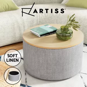 Artiss Storage Ottoman Blanket Box 60cm Foot Stool Coffee Table Linen Round Grey - Picture 1 of 8