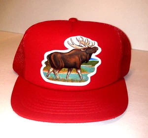 Red Trucker Hat Cap Puffy Foam 3D Moose on Front Mesh Snapback Adjustable Vtg - Picture 1 of 5