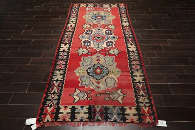 4'6" x 9' Vintage Hand Woven 100% Wool Southwestern Turkish Kilim Area Rug Coral - Image 1 of 4