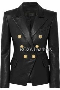 Women's Soft Real Lambskin Leather Blazer Double-Breasted Party Wear Coat Black - Picture 1 of 5