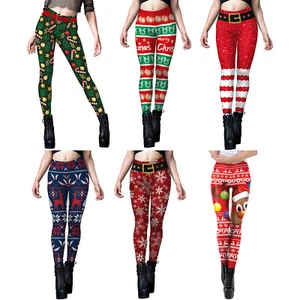 Womens Funny 3D Printed Christmas Leggings Santa Claus High Waist Xmas Pants - Picture 1 of 50