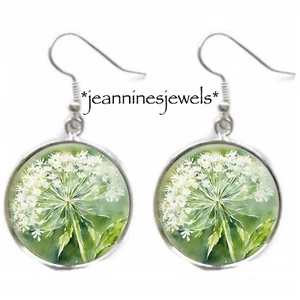 Queen Annes Lace EARRINGS Vintage Floral Botanical Art Print Silver Charm Dangle - Picture 1 of 13