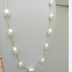 Nice 10-12mm AAA+ South Sea Baroque White Pearl Necklace 24" 14k Yellow Gold - Picture 1 of 6