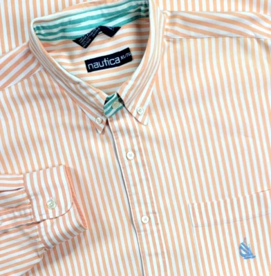 Vtg Nautica Button Up Shirt XL Peach White Striped Long Sleeve Heavyweight Yacht - Image 1 of 4
